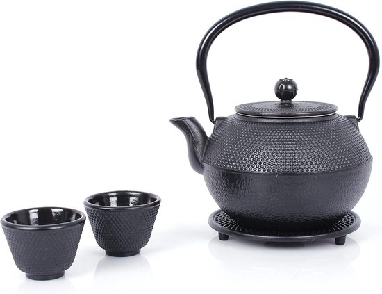 Echtwerk Gietijzeren Theeservies, Theepot 1,1 L Met Afneembare Zeef Theepot Met Onderzetter En 2 Theekopjes Theepot Set In Vintage Design Voor Het Bereiden Van Losse Thee Lichtblauw