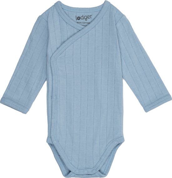 Body bleu à manches longues, fermeture croisée et tissu côtelé vertical. Avec logo Lodger.