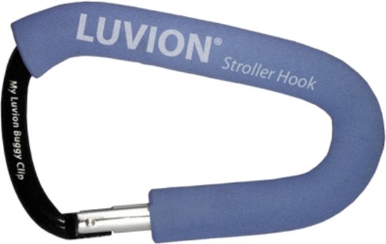 Blauwe Luvion Stroller Hook op een witte achtergrond.