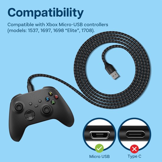 Zwarte gevlochten kabel aangesloten op een zwarte Xbox controller, met afbeeldingen van Micro-USB en Type C poorten.