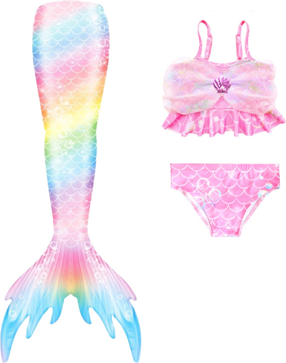 Joya Kids® Zeemeerminstaart met bikini verkleed set Regenboog Kleuren | Staart met bijpassende bikini | Mermaid Staart | Prinsessen jurk | Zeemeermin Verkleedkleding meisje | Maat 120