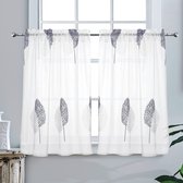 Curtain, Set of 2 Sheer Voile Curtains, Transparent Curtain with Embroidery Leaves, Light Filtering, Eyelet Curtain, Decoration for Children's Room, Living Room, Cafe, Door Window, 91 x 75 cm - Gray + White