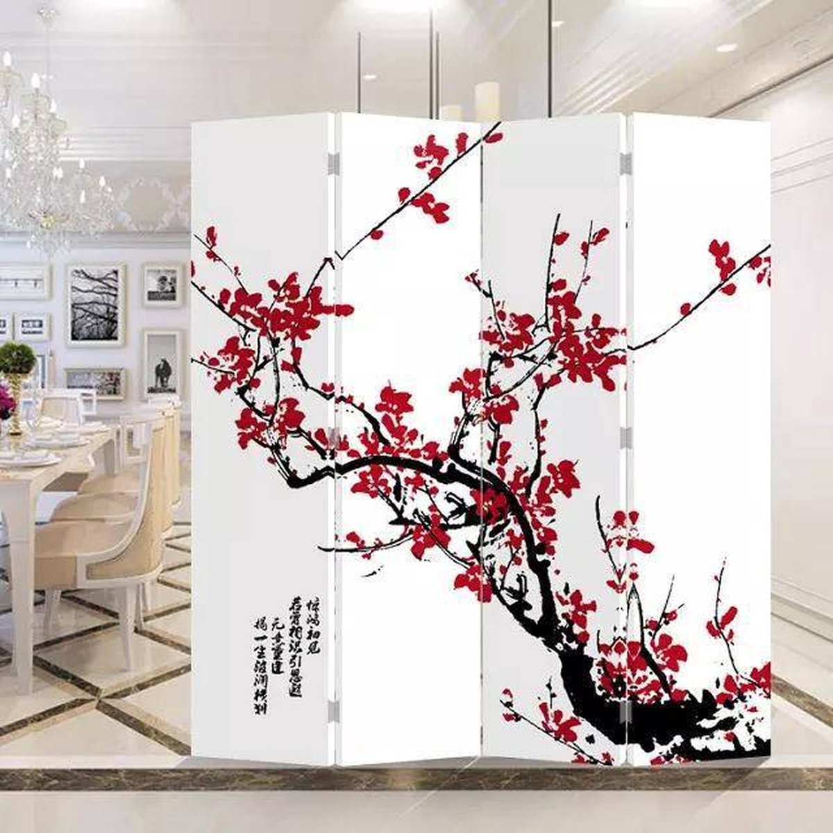 Fine Asianliving Chinees Kamerscherm Oosters Scheidingswand B160xH180cm 4 Panelen Rode Bloesem Wit, Multicolour