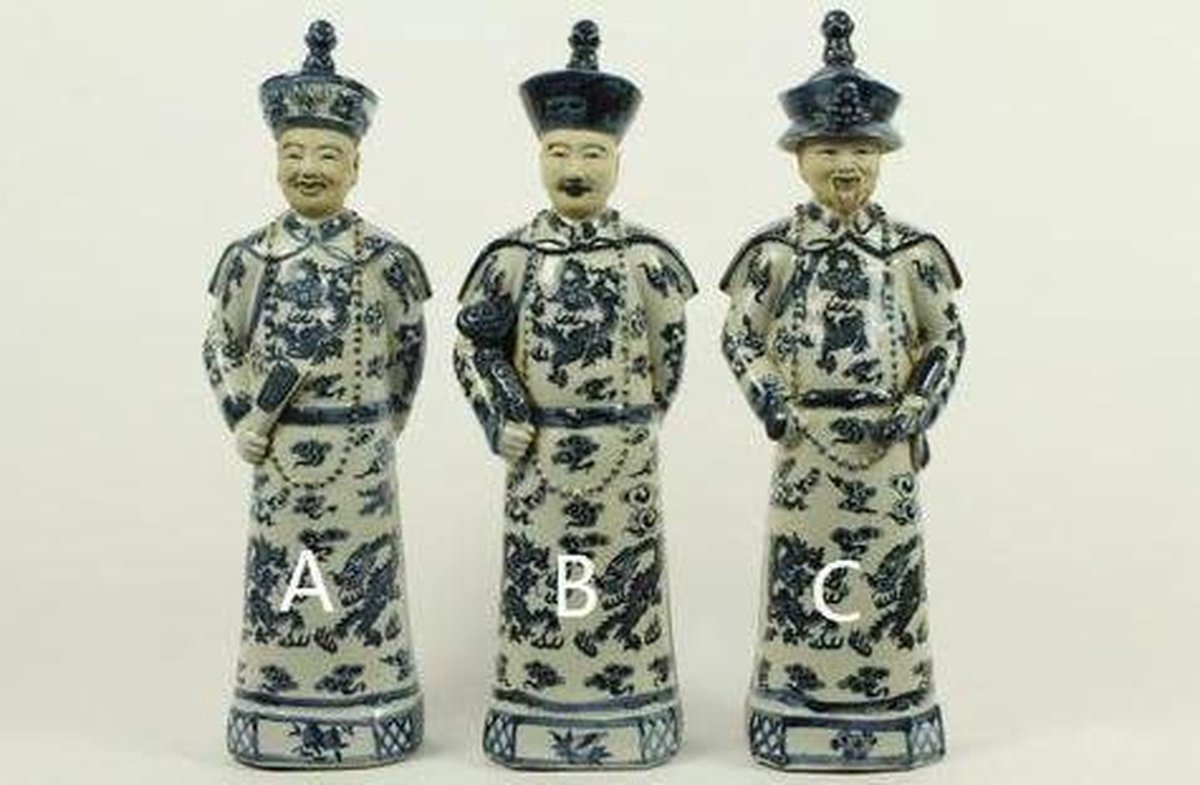 Fine Asianliving Chinese Keizers Porselein Beelden Handgemaakt Blauw-Wit Set/3