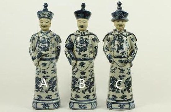 Fine Asianliving Chinese Keizers Porselein Beelden Handgemaakt Blauw-Wit Set/3