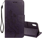 Reliëf vlinderpatroon horizontaal flip lederen tas met kaartsleuf & houder & portemonnee & draagriem voor iPhone XS Max (donker paars)