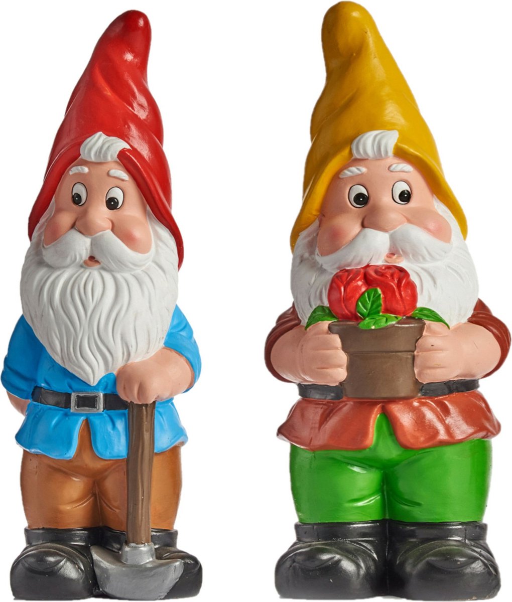 Tuinkabouter beeldjes - set van 2x - Keramiek - 38 cm - geel/rood