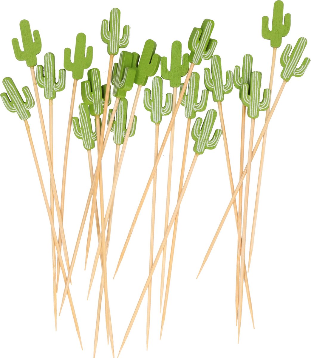 Excellent Houseware Cocktail/tapas prikkers - Mexicaanse cactus - 20x stuks - bamboo - 12 cm