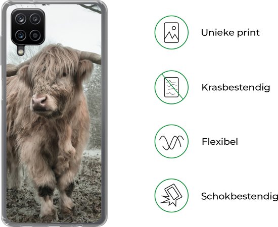 Coque de téléphone compatible avec Samsung Galaxy A12 - Highlander écossais - Forêt - Brume - Vache - Animaux - Nature - Coque en Siliconen