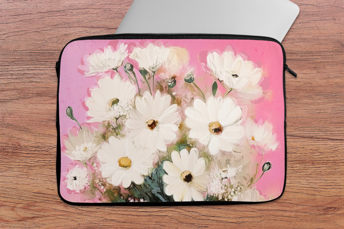 Laptophoes 13 inch - Bloemen - Vaas - Planten - Wit - Laptop sleeve - Binnenmaat 32x22,5 cm - Zwarte achterkant