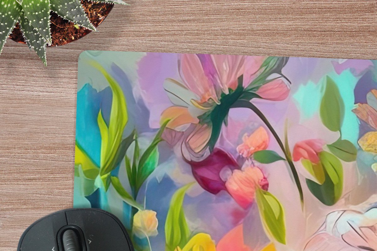 Muismat XXL 120x80 cm - Bureau onderlegger - Bureau mat Bloemen - Kleurrijk - Kunst - Olieverf - Bureaumat - Gaming mousepad xl - Bureaulegger groot - Computer deskmat