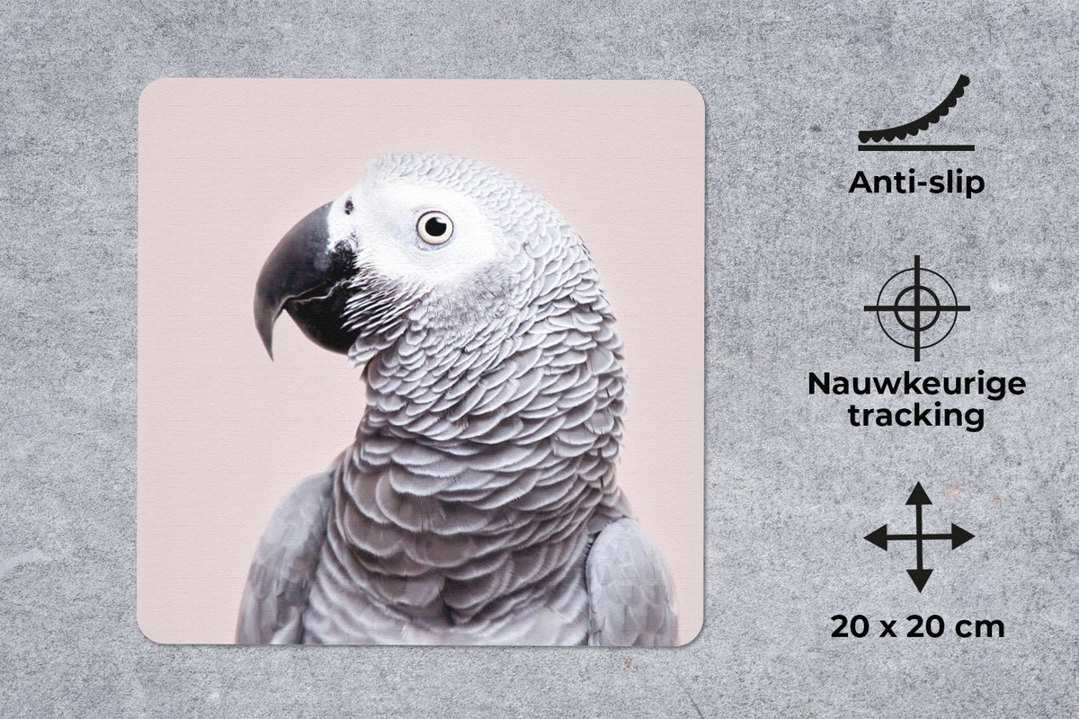 Muismat 20x20 cm - Mousepad Papegaai - Grijs - Dieren - Natuur - Muismatten