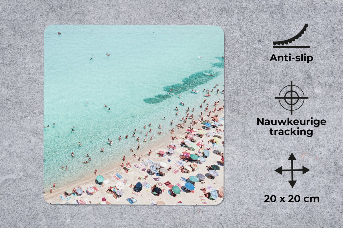 Muismat 20x20 cm - Mousepad Zee - Strand - Parasols - Blauw - Zomer - Muismatten