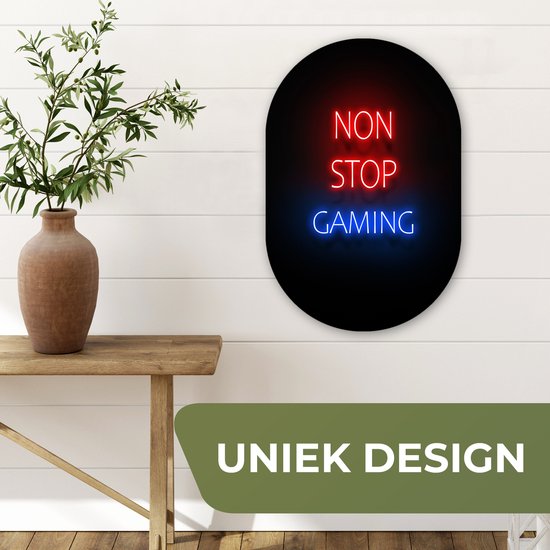 Muurovaal - Wandovaal - Kunststof Wanddecoratie - Ovalen Schilderij - Tekst - Gaming - Non stop gaming - Neon - Zwart - 40x60 cm - Ovale spiegel vorm op kunststof