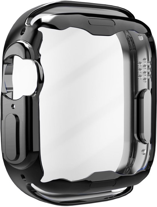 Zwarte, glimmende beschermhoes voor een Apple Watch Ultra.