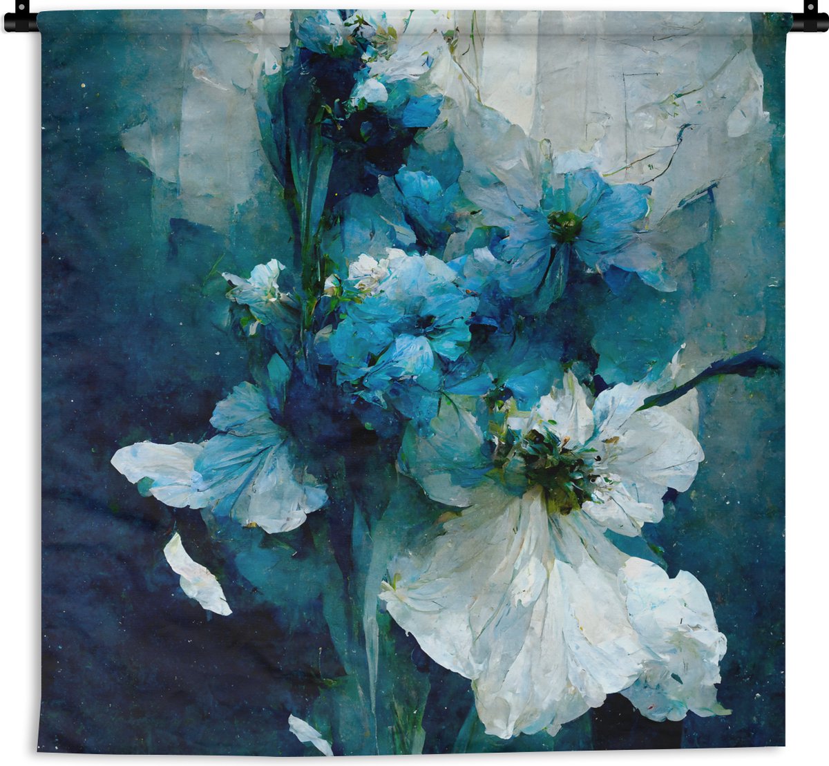 Wandkleed - Wanddoek - Bloemen - Boeket - Verf - Blauw - 90x90 cm - Wandtapijt