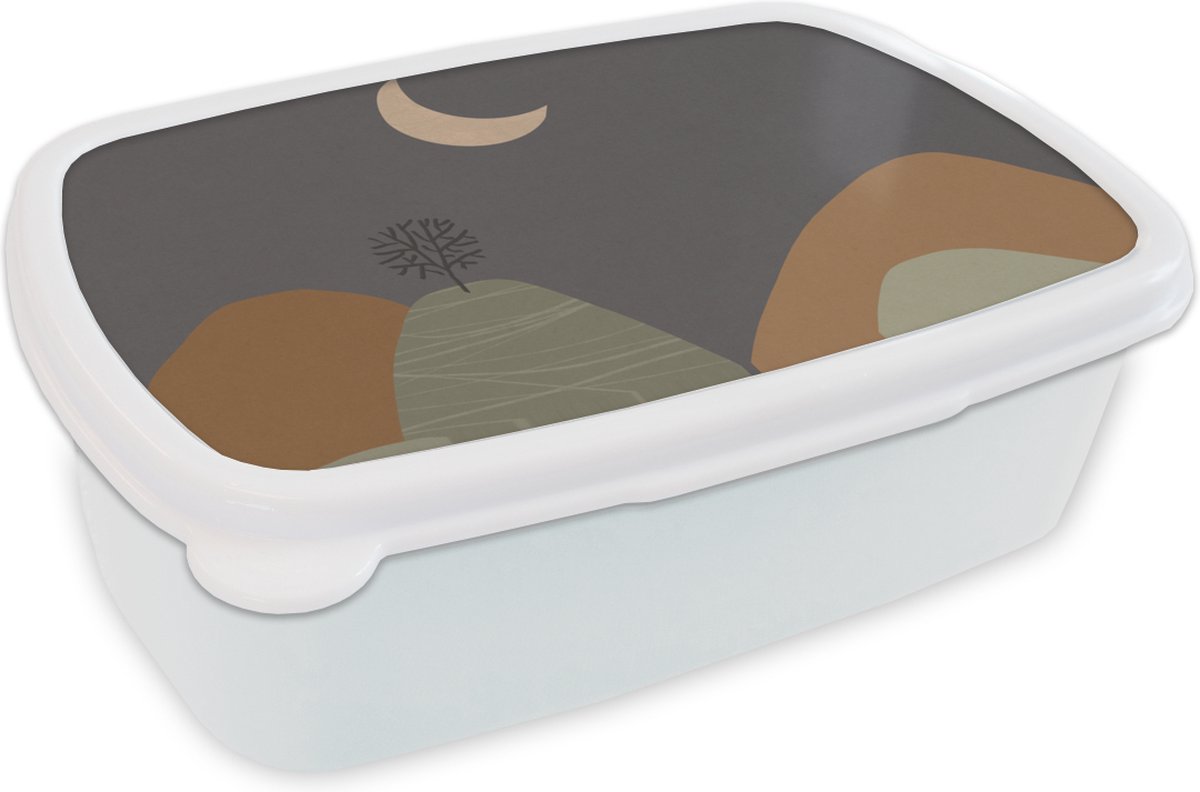 Broodtrommel Wit - Lunchbox - Brooddoos - Bergen - Boom - Maan - Pastel - 18x12x6 cm - Volwassenen