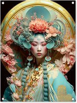 Tuinschilderij Vrouw - Bloemen - Roze - Portret - Aziatisch - 60x80 cm - Tuinposter - Tuindoek - Buitenposter