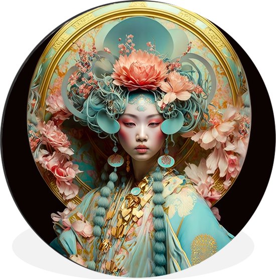 WallCircle - Cercle mural - Cercle mural - Femme - Fleurs - Rose - Portrait - Asiatique - Aluminium - Dibond - 120x120 cm - Intérieur et Extérieur XXL