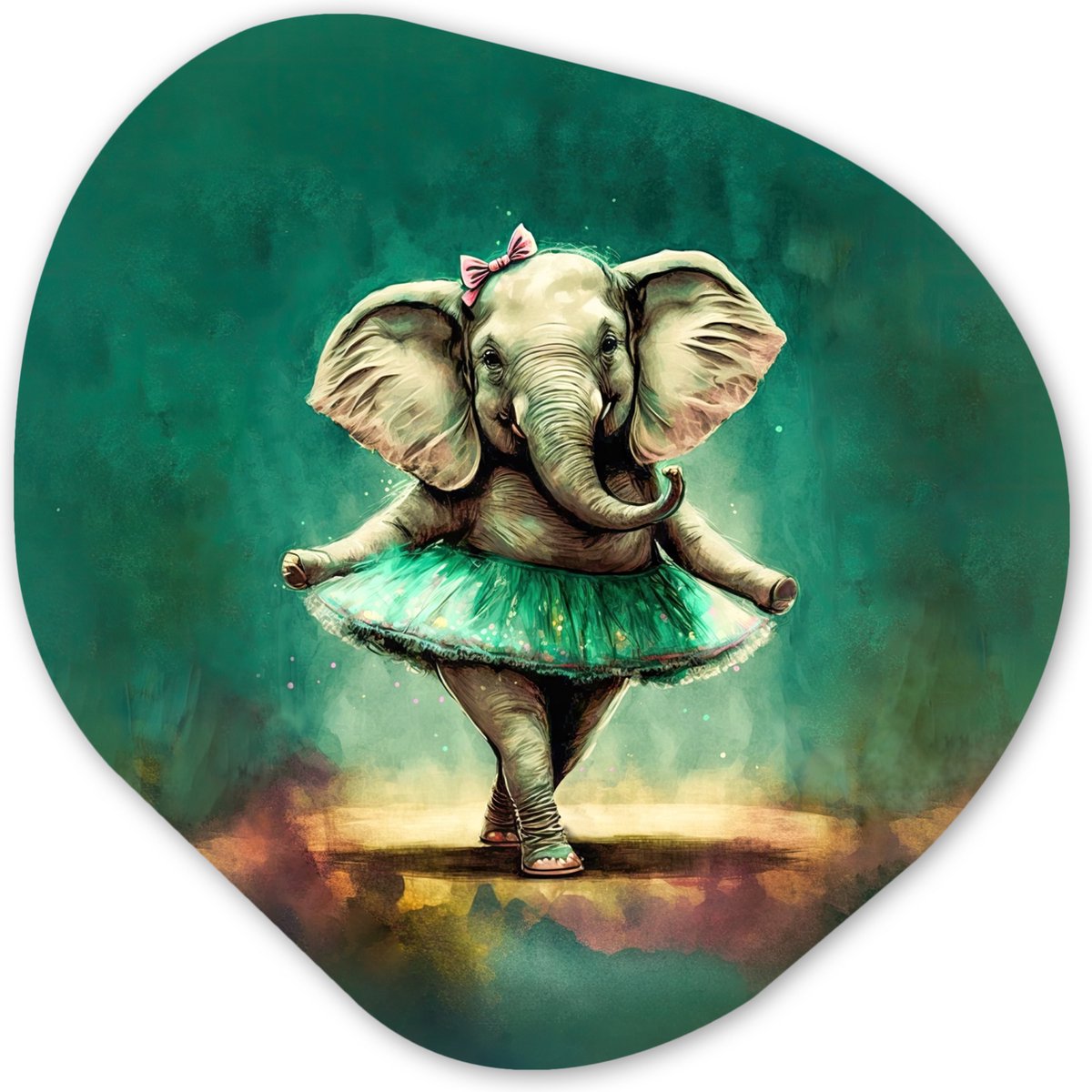 Organische wanddecoratie 60x60 cm - Organisch schilderij Olifant - Ballerina - Verf - Strik - Portret - Kinderen - Muurdecoratie woonkamer - Kamer decoratie - Schilderijen - Muurcirkel aesthetic