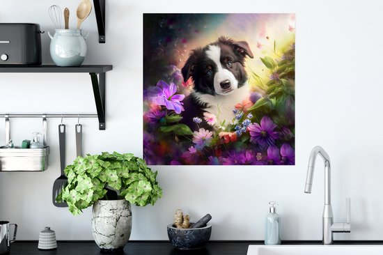 Poster Puppy - Zon - Bloemen - Natuur - Bordercollie - Hond - 50x50 cm - Cadeau meisje 7 jaar