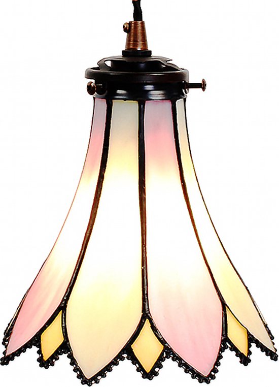 HAES DECO - Tiffany Hanglamp Ø 15x115 cm Roze Beige Glas Metaal Hanglamp Eettafel Hanglampen Eetkamer Glas in Lood