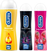Durex - 3 Glijmiddelen - Play Massage 2/1 Sensitive 200ML - Perfect Gel Gliss 100ML - Crazy Cherry waterbasis 100ML