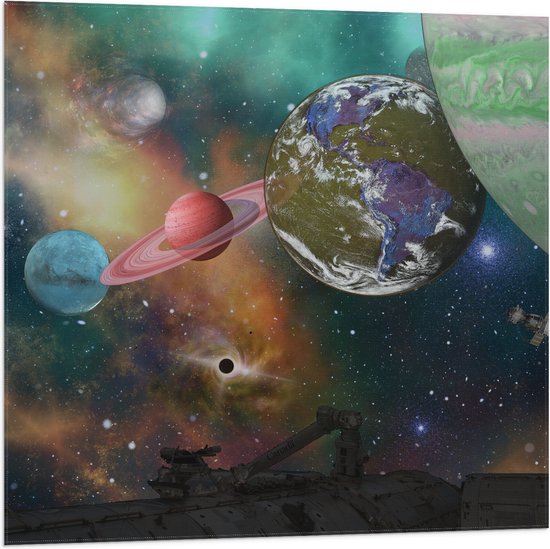 Vlag - Alle Planeten van het Universum vanaf Ruimteschip - 80x80 cm Foto op Polyester Vlag