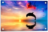 WallClassics - Poster de jardin - Coucher de soleil avec silhouette de dauphin au-dessus de Water dans un environnement coloré - 60x40 cm Photo sur Poster de jardin (décoration murale pour l'extérieur et l'intérieur)