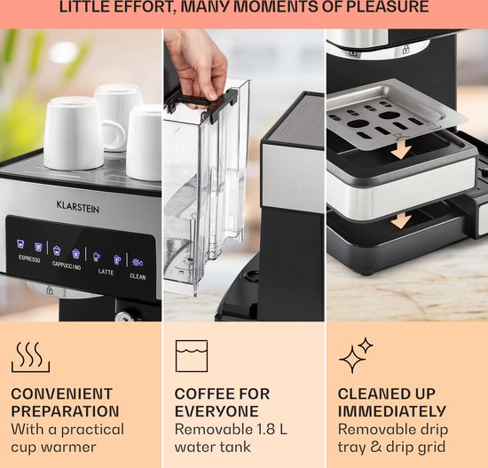 Klarstein Koffiemachine Espresso Pistonmachine met Melkopschuimer, 1,8 L Mini Espressomachine met Piston, 20 Bar RVS Compact, Melkreservoir, 1350 W Koffiemachine voor Gemalen Koffie - Stoompijpje Touch LED - Coffee Machine