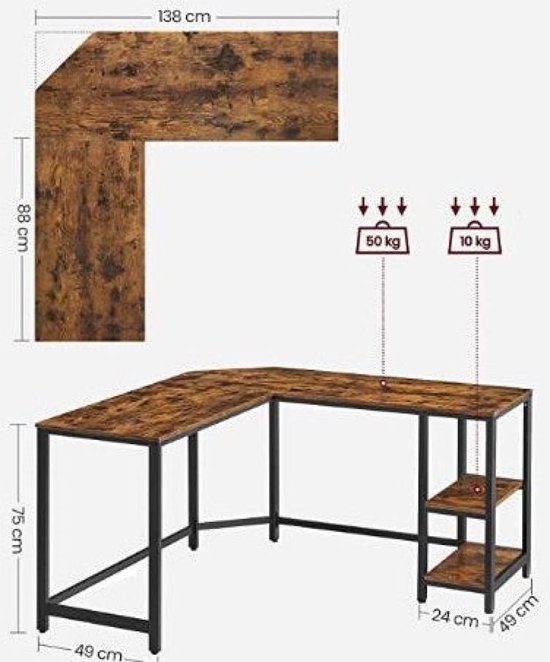 Afmetingen van een L-vormig bureau: 138 cm per zijde, 88 cm diep, 75 cm hoog. Het bruine blad met houtnerf rust op een zwart metalen frame. Een plankenkastje is aan de zijkant bevestigd.