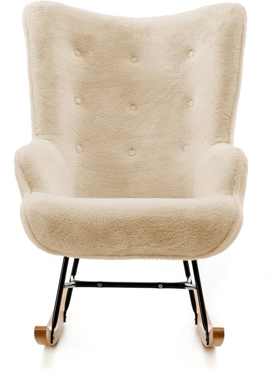 Aemely® Schommelstoel 'Mama' - Beige Imitatiebont, Blank Hout