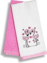 theedoeken, katoen, set van 2, wafelpiqué-stoffen handdoeken, Oeko-tex gecertificeerd, hoogwaardige theedoeken met motief, 100% katoen, flamingo, 60 x 40 cm (roze-wit)