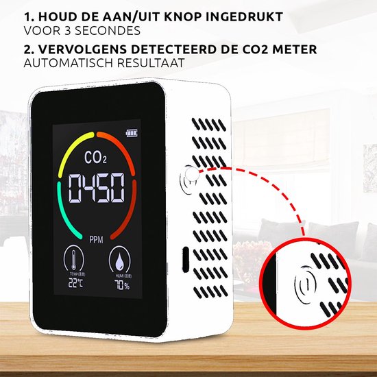 Witte CO2-meter met gedetailleerd display, met pijl die naar een vergrote weergave van de ventilatieopening wijst.