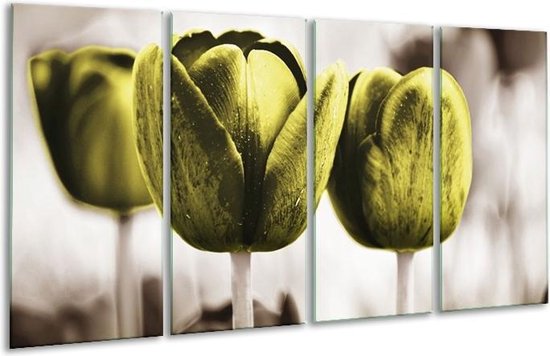 GroepArt - Glasschilderij - Tulpen - Bruin, Groen - 160x80cm 4Luik - Foto Op Glas - Geen Acrylglas Schilderij - 6000+ Glasschilderijen Collectie - Wanddecoratie