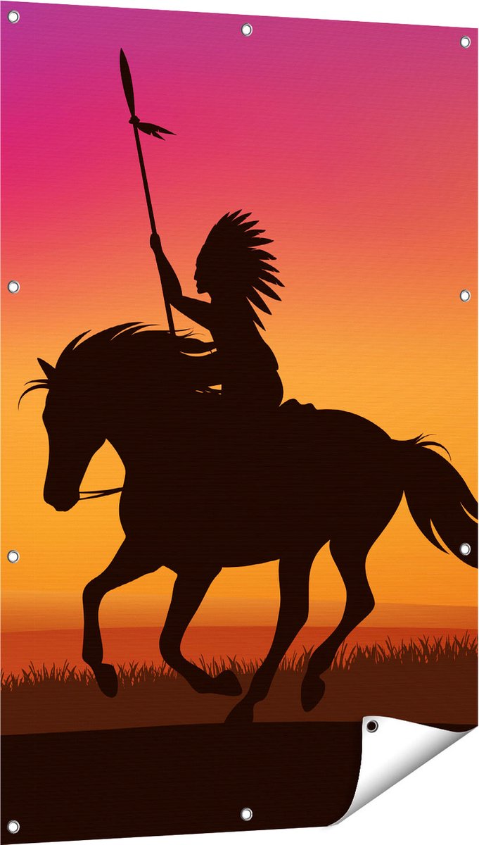 Gards Tuinposter Silhouet van een Indiaan op een Paard - 80x120 cm - Tuindoek - Tuindecoratie - Wanddecoratie buiten - Tuinschilderij Multikleur