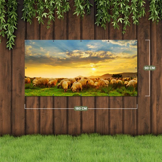 Affiche de jardin Gards Troupeau de moutons sur l'herbe au coucher du soleil - 180x90 cm - Toile de jardin - Décoration de jardin - Décoration murale extérieur - Tableau de jardin