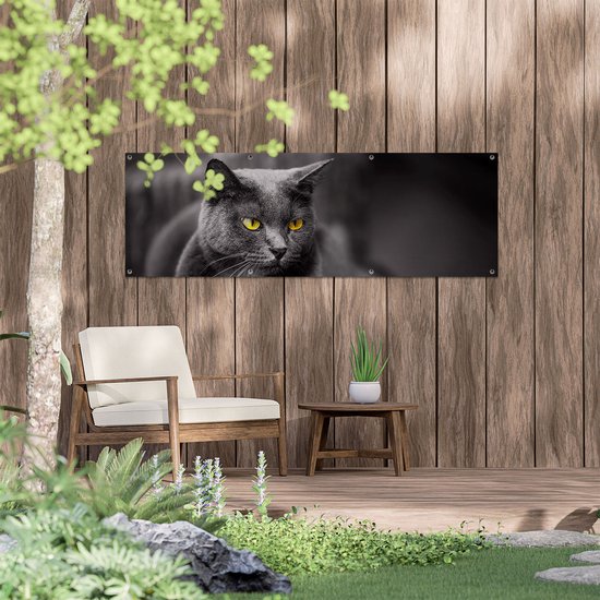 Gards Tuinposter Zwarte Kat met Gele Ogen - 150x50 cm - Tuindoek - Tuindecoratie - Wanddecoratie buiten - Tuinschilderij