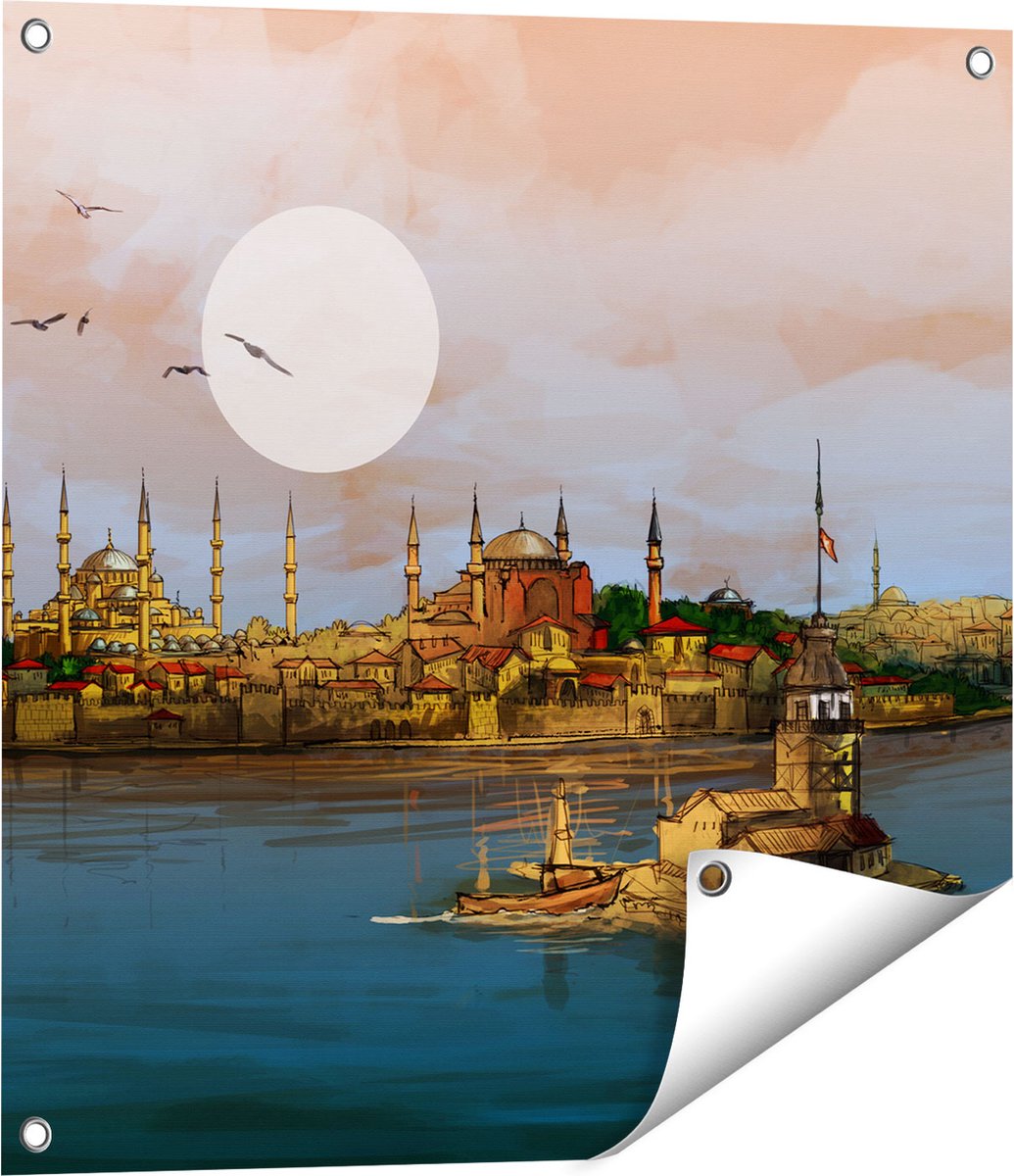 Gards Tuinposter Illustratie van de Maiden's Tower in Istanbul - 60x60 cm - Tuindoek - Tuindecoratie - Wanddecoratie buiten - Tuinschilderij Multikleur