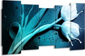 GroepArt - Canvas Schilderij - Tulp - Blauw, Wit - 150x80cm 5Luik- Groot Collectie Schilderijen Op Canvas En Wanddecoraties