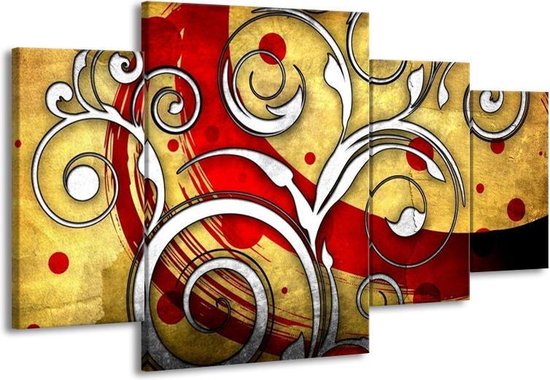 GroepArt - Schilderij -  Art - Rood, Wit, Geel - 160x90cm 4Luik - Schilderij Op Canvas - Foto Op Canvas