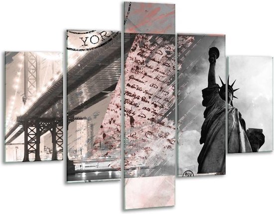 Glasschilderij -  Vrijheidsbeeld, New York - Grijs, Rood, Zwart, Wit - 100x70cm 5Luik - Geen Acrylglas Schilderij - GroepArt 6000+ Glasschilderijen Collectie - Wanddecoratie- Foto Op Glas