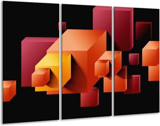 GroepArt - Schilderij -  Vierkant - Oranje, Zwart, Geel - 120x80cm 3Luik - 6000+ Schilderijen 0p Canvas Art Collectie