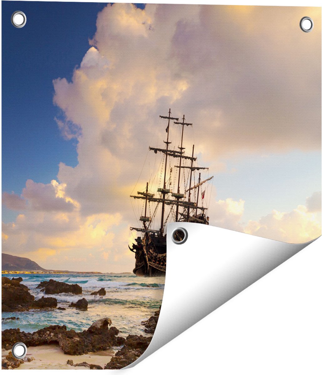 Gards Tuinposter Piratenschip aan de Kust bij Zonsondergang - 40x40 cm - Tuindoek - Tuindecoratie - Wanddecoratie buiten - Tuinschilderij Multikleur