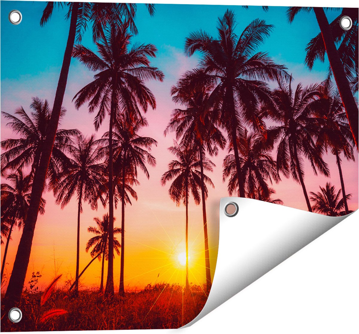 Gards Tuinposter Palmbomen op het Strand bij Zonsondergang - 50x40 cm - Tuindoek - Tuindecoratie - Wanddecoratie buiten - Tuinschilderij Multikleur