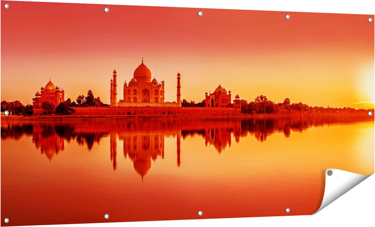 Gards Tuinposter Taj Mahal bij Zonsondergang - 160x80 cm - Tuindoek - Tuindecoratie - Wanddecoratie buiten - Tuinschilderij Multikleur