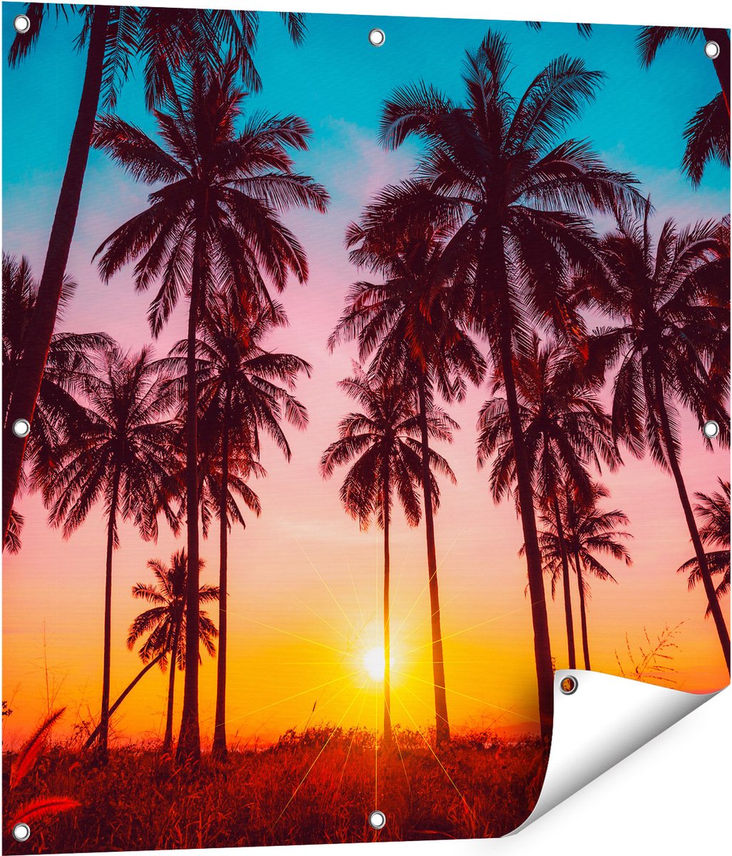 Gards Tuinposter Palmbomen op het Strand bij Zonsondergang - 80x80 cm - Tuindoek - Tuindecoratie - Wanddecoratie buiten - Tuinschilderij Multikleur