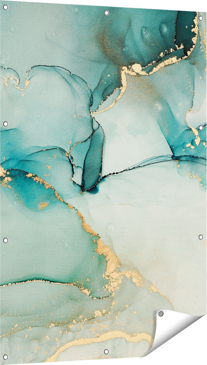 Gards Tuinposter Abstracte Kunst - Blauwe Marmer met Goud - 80x120 cm - Tuindoek - Tuindecoratie - Wanddecoratie buiten - Tuinschilderij Multikleur