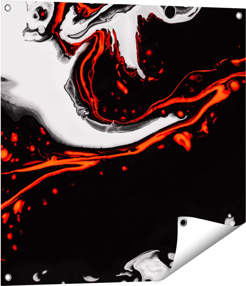 Gards Tuinposter Abstracte Kunst - Zwart en Wit met Rood - 70x70 cm - Tuindoek - Tuindecoratie - Wanddecoratie buiten - Tuinschilderij Multikleur
