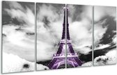 GroepArt - Glasschilderij - Parijs, Eiffeltoren - Zwart, Wit, Paars - 160x80cm 4Luik - Foto Op Glas - Geen Acrylglas Schilderij - 6000+ Glasschilderijen Collectie - Wanddecoratie